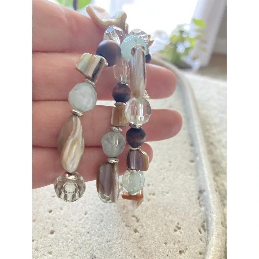 Coastal Bracelet Stack Faux Shell Clear Faceted Aqua Brown Beads Beachy‎ Stretch
